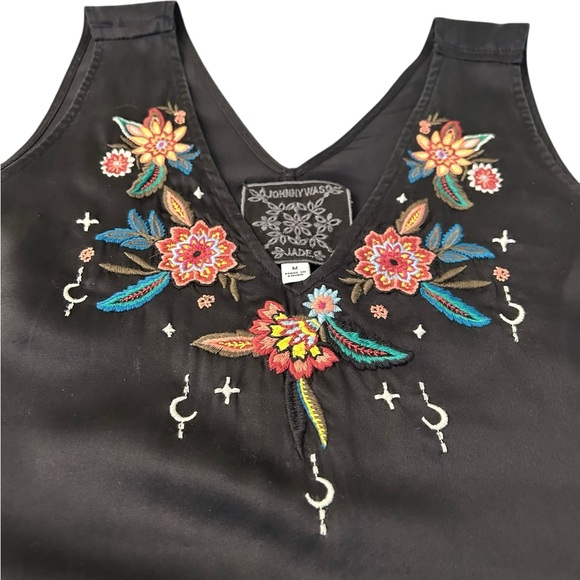 JOHNNY WAS Jade Silk Floral Embroidered V-Neck Tank Sz Med Black Boho Luxe